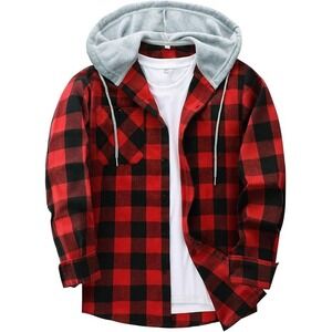 Outdoor Jacket Mens Red Black Plaid Flannel Hooded Shirt Button Up Size L